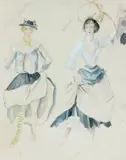 Maquette de costumes pour « Le Bal des Blanchisseuses », chorégraphie Roland Petit, musique Vernon Duke, Ballets des Champs-Elysées by Stanislao Lepri, 1946, Aquarelle gouachée sur traits de crayon Echantillons de tissus, annotations au crayon, sold Dec 2008