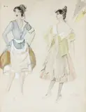 Maquette de costumes pour « Le Bal des Blanchisseuses », chorégraphie Roland Petit, musique Vernon Duke, Ballets des Champs-Elysées by Stanislao Lepri, 1946, Aquarelle gouachée Echantillons de tissus et annotations, sold Dec 2008