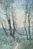 Promeneurs en forêt by Henri Harpignies, Aquarelle sur papier, sold Nov 2008