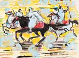 Trois cavaliers sur fond jaune by Hassan El Glaoui, Gouache, sold Nov 2017