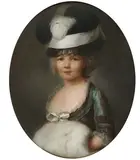 Portrait de jeune fille en robe de ton changeant, les mains dans son manchon by Simon-Bernard Lenoir, Pastel ovale, sold Dec 2010