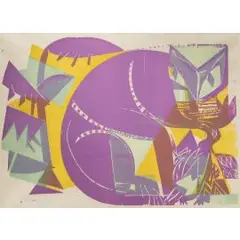 Katze und vogel by HAP Grieshaber, 1960, color woodcut, sold Dec 2024