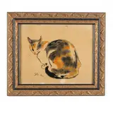 Chat Couché by Théophile Steinlen, Appears to be color pochoir on silk or velvet, sold Sep 2021