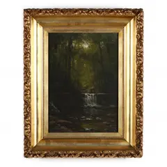 Forest Interior with Waterfall by George Hetzel, Oil on canvas (lined), sold Sep 2021
