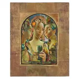 Trīs Sievietes (Three Women) by Normunds Braslins, Oil and gold leaf on arched panel, sold Sep 2021