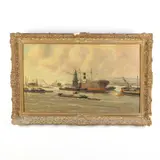 Harbor Scene with Steam Ships by Ardri Verveen, Oil on canvas, sold Aug 2021