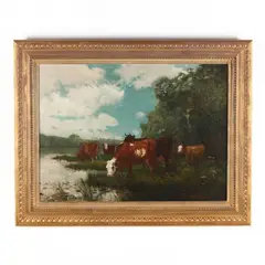 Cows Watering by Henry G. Keller, Oil on canvas (lined), sold Aug 2021