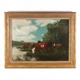 Cows Watering by Henry G. Keller, Oil on canvas (lined), sold Aug 2021