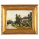 Landscape with Red House by Jonathan Bradley Morse, Oil on canvas (lined), sold Aug 2021