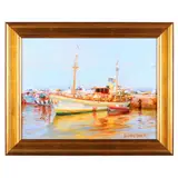 Yacht, Galicia, Spain by Kenneth Slevin, Oil on panel, sold Aug 2021