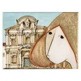 Woman Before a Baroque Church by Stephen White, Oil and gold leaf on birch panel, sold Aug 2021
