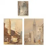 Three Scenic Watercolors by Samuel Prout, Ink and watercolor with some gouache on paper, sold Aug 2021