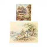 Two Rural Farm Scenes by Myles Birket Foster, Watercolor on paper, sold Aug 2021