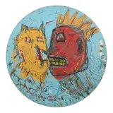 A Dog + His Man (manner of Basquiat) by Ron Goins, Oil on found table top, sold Aug 2021