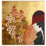 Young Woman with Flowers by Stephen White, Mixed media on panel, sold Aug 2021