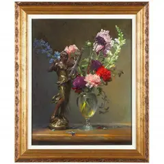 Still Life with Flowers and Classical Sculpture by Michael Aviano, Oil on canvas, sold Aug 2021