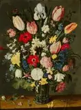 Bouquet de fleurs dans un vase en verre by Isaak Soreau, Huile sur cuivre, sold Jun 2026
