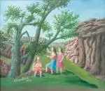 Conversation de trois jeunes filles by André Bauchant, 1954, Huile sur toile, sold Jun 2026