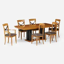 Dining table and chairs, set of six by Postmodern, c. 1990, lacquered sycamore, upholstery, sold Aug 2024