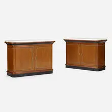 Unique cabinets from the Firehouse, San Francisco, pair by John Dickinson, c. 1975, spruce with hand-painted details, marble, brass, sold Jun 2022