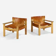 Natura lounge chairs, pair by Karin Mobring, 1977, pine, leather, sold Apr 2022