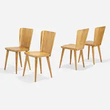 Dining chairs, set of four by Goran Malmvall, c. 1945, pine, steel, sold Apr 2022