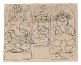 Untitled by Jamini Roy, Pen and ink on paper pasted along the upper edge of the card, sold Aug 2025