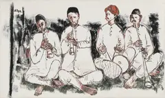 Untitled (Musicians) by B. Vithal, Oil on canvas, sold Aug 2025