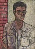 Self-Portrait by Jyoti Bhatt, Plastic paint and ink on jute canvas pasted on board, sold Sep 2025