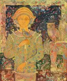 L‘Arlequin, La Chouette et Le Pigeon by Sakti Burman, Oil on canvas, sold Sep 2025
