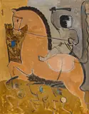 Untitled (Horse and Rider) by Hari Ambadas Gade, Gouache and ink on paper pasted on cardboard, sold Sep 2025