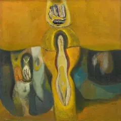 Amulet by Bimal Dasgupta, Mixed media on jute canvas, sold Sep 2025