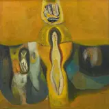 Amulet by Bimal Dasgupta, Mixed media on jute canvas, sold Sep 2025
