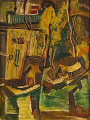 House-Boats on Dal Backwaters by Ghulam Rasool Santosh, Oil on canvas on board, sold Jun 2025