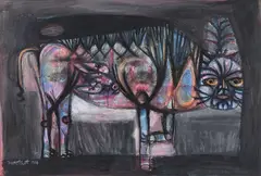 Cat with a Parrot in Her Tummy by Jyoti Bhatt, 1964, Watercolour and ink on paper, sold Jun 2025