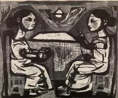 Conversation by K. G. Subramanyan, 1956, Lithograph on paper, sold Jun 2025