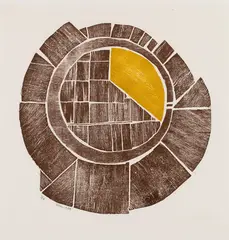Untitled by Zarina, Relief print from collaged wood, printed in burnt umber on Indian handmade paper, sold Jun 2025