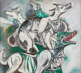 Nobody‘s Dogs by Paritosh Sen, 1987, Acrylic on canvas, sold Jun 2025
