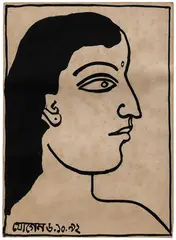 Untitled (Face of a Woman with Black Hair) by Jogen Chowdhury, Ink on paper pasted on mount board, offered Feb 2025