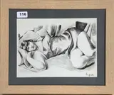 Untitled by Tamara de Lempicka, charcoal portrait of a woman reclining, sold Jul 2022