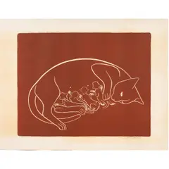 Untitled (Nursing Kittens) by Emmy Lou Packard, woodcut in colors, sold Dec 2025