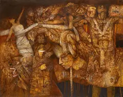 Pages of the Epic, Mahabharata by Arup Das, Oil on canvas, sold Aug 2023