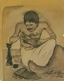 An Illustration from the Tak Duma Dum Series (Jackal and Barber) by Nandalal Bose, Ink and wash on paper, sold Dec 2023