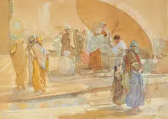 Temple Scene by Laxman Narayan Taskar, Watercolour on paper laid on card, sold Dec 2023