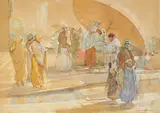 Temple Scene by Laxman Narayan Taskar, Watercolour on paper laid on card, sold Dec 2023