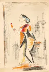 Dancer by K. K. Hebbar, 1988, Ink and pastel on paper, sold Dec 2023