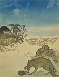 An Illustration from the Tak Duma Dum Series (Jackal in Landscape) by Nandalal Bose, Ink and watercolour on paper, sold Dec 2023