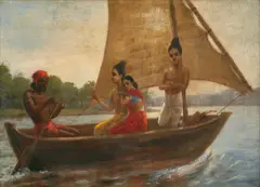 Rama, Sita and Laksmana Crossing the Sarayu by Raja Ravi Varma, Oil on canvas, sold Dec 2023