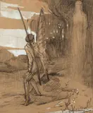 Homme papillon devant une sculpture by Gaston Hoffmann, Crayon noir, sanguine et rehauts de gouache blanche, sold Feb 2026