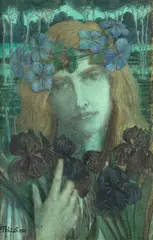 Femme aux iris by Paul Follot, Crayon noir, aquarelle, pastel et rehauts d'or, sold Feb 2026